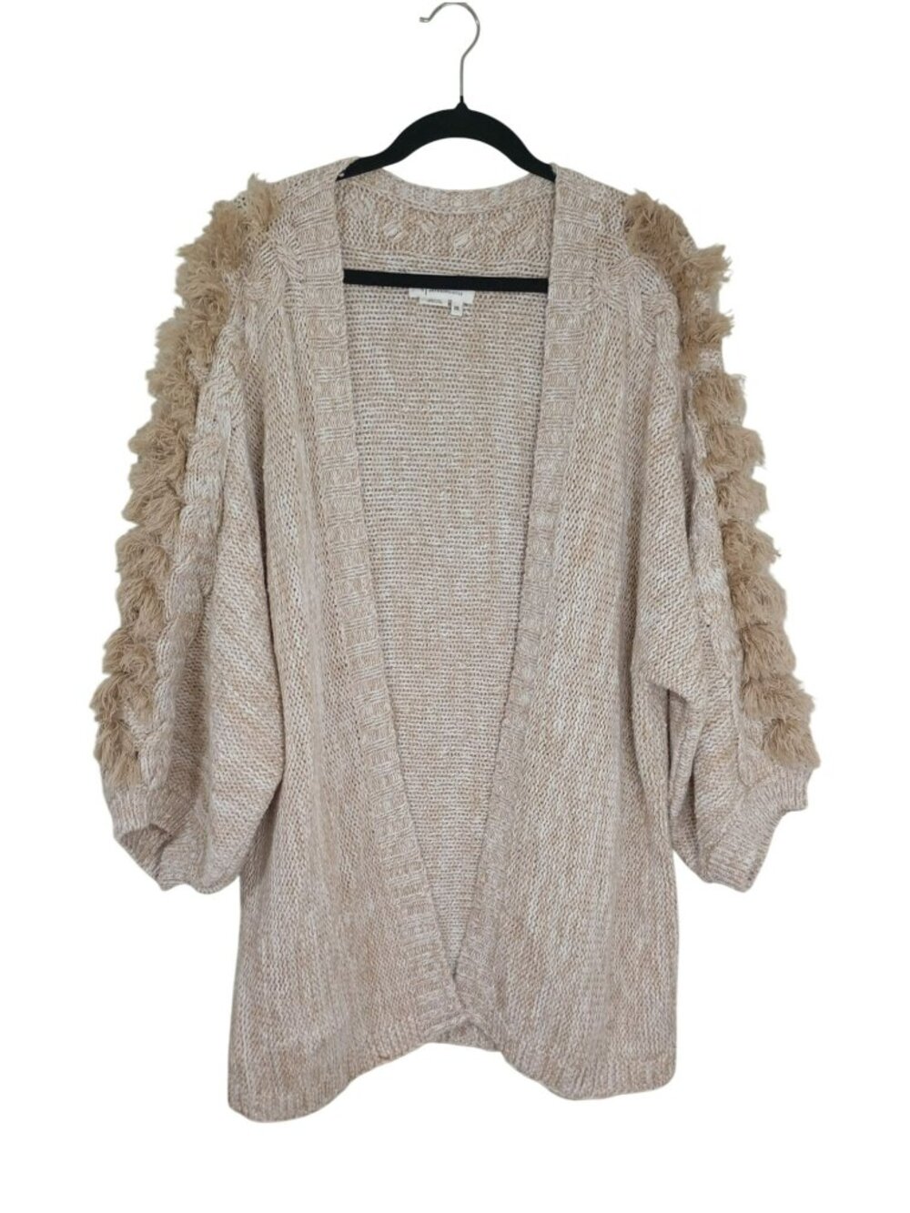 Anthropologie Chunky Knit Fringe Sleeve Open Front Cardigan One Size Beige/Tan - Picture 2 of 12